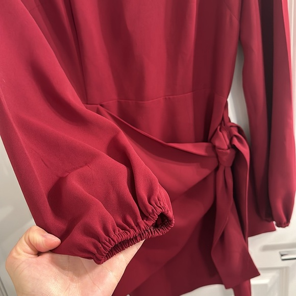 Lulu’s wine red skater dress with front tie wrap and long sleeves mid thigh - Picture 12 of 14